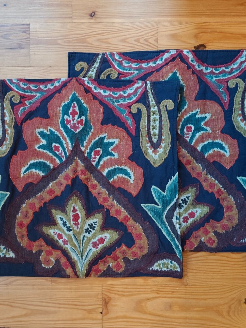 Pottery Barn Ikat Pillow Covers Set of 2 Cotton Linen 24x24 Navy Boho Paisley